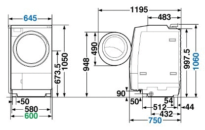 ドラム式洗濯乾燥機の寸法図