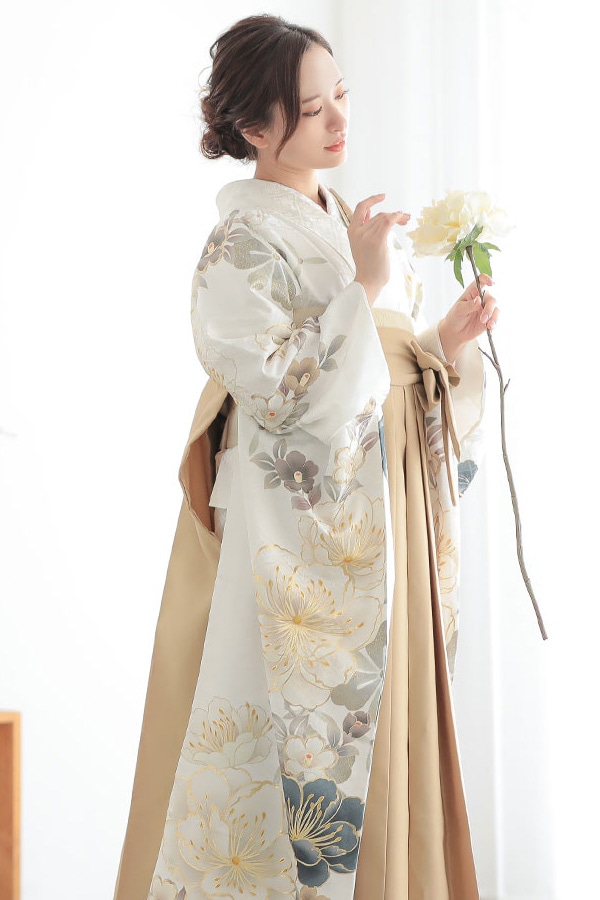 R2075 白　大桜に椿 振袖袴