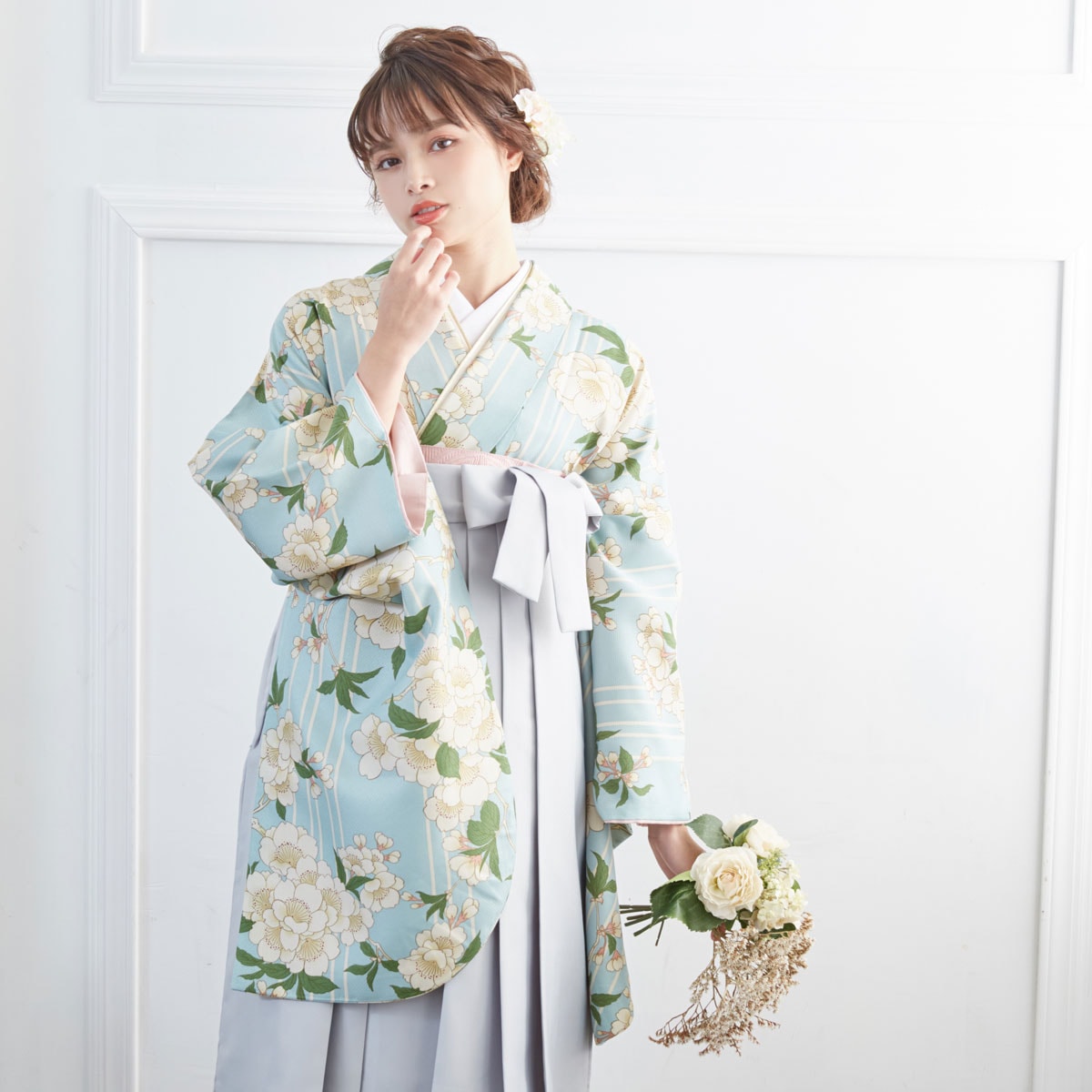 G921 水色　三筋縞に枝桜 大学生袴