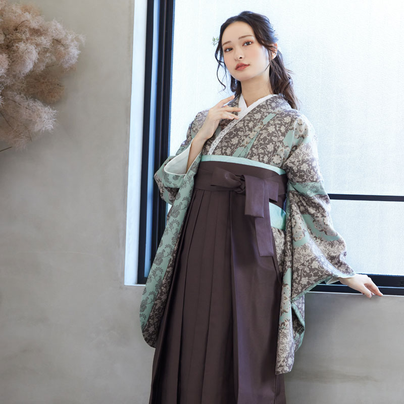 G955 ベージュ×水色　縞更紗 大学生袴