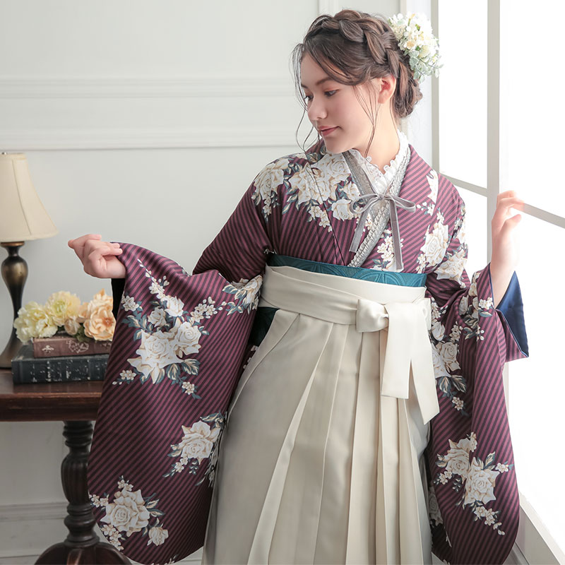 G965 プラム　ストライプブーケ 大学生袴