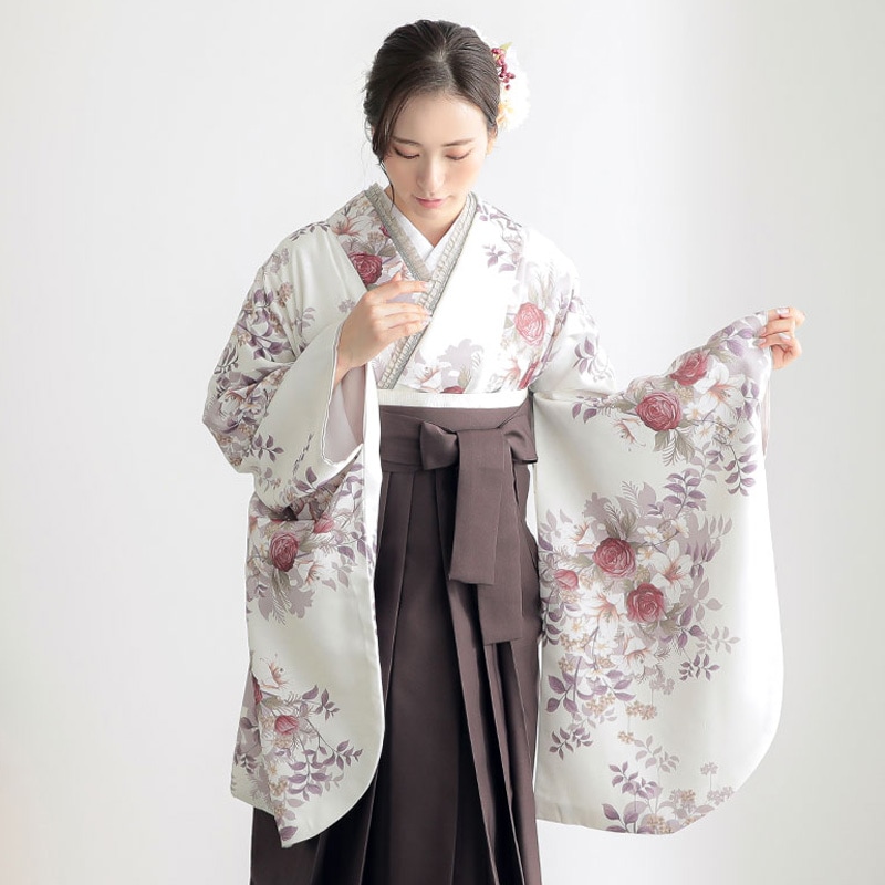 G1003 オフホワイト　薔薇に百合 大学生袴