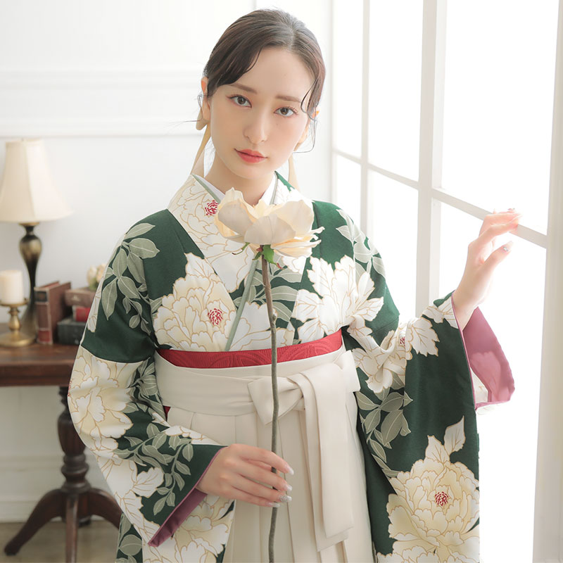 G982 グリーン　白牡丹 大学生袴