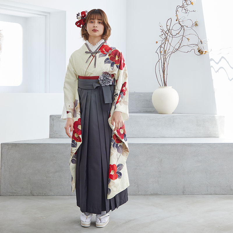 R1987 Vサンク クリーム 赤椿に花丸文 振袖袴