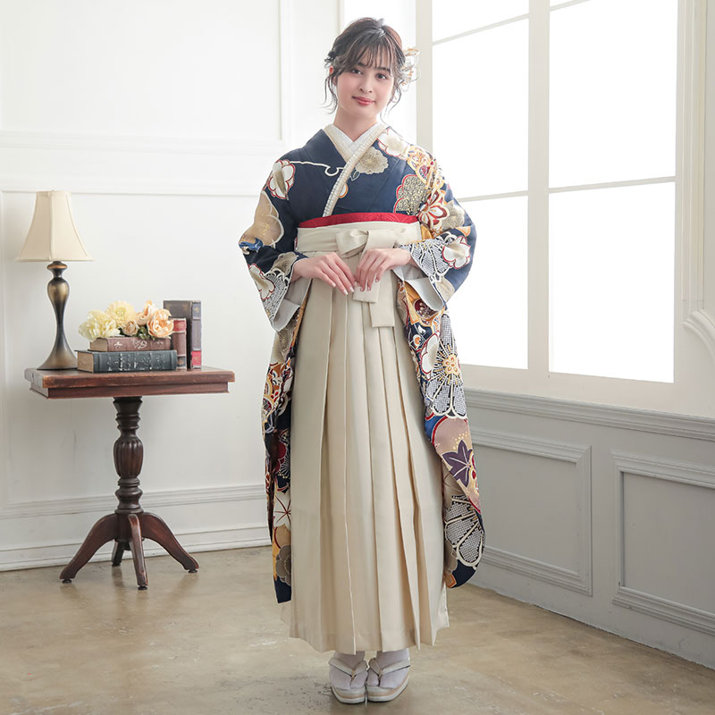 R2009 【友禅】紺 梅に楓と手毬 振袖袴