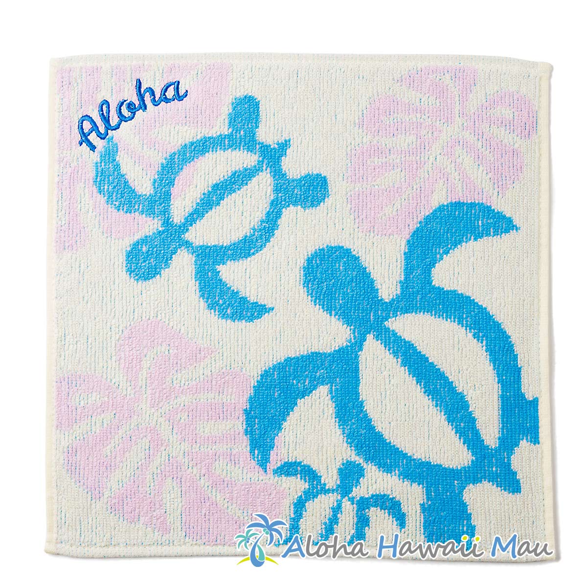 ホヌ＆モンステラ タオルハンカチ ハンドタオル ALOHA クリーム ホヌ柄