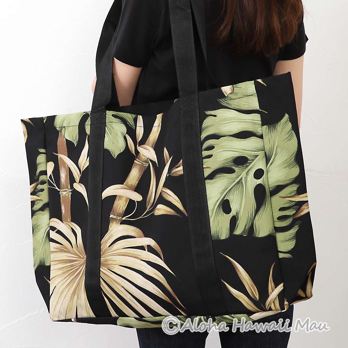 ハワイアントートバッグ パームツリー(ヤシ）柄 ブラック Kauhale