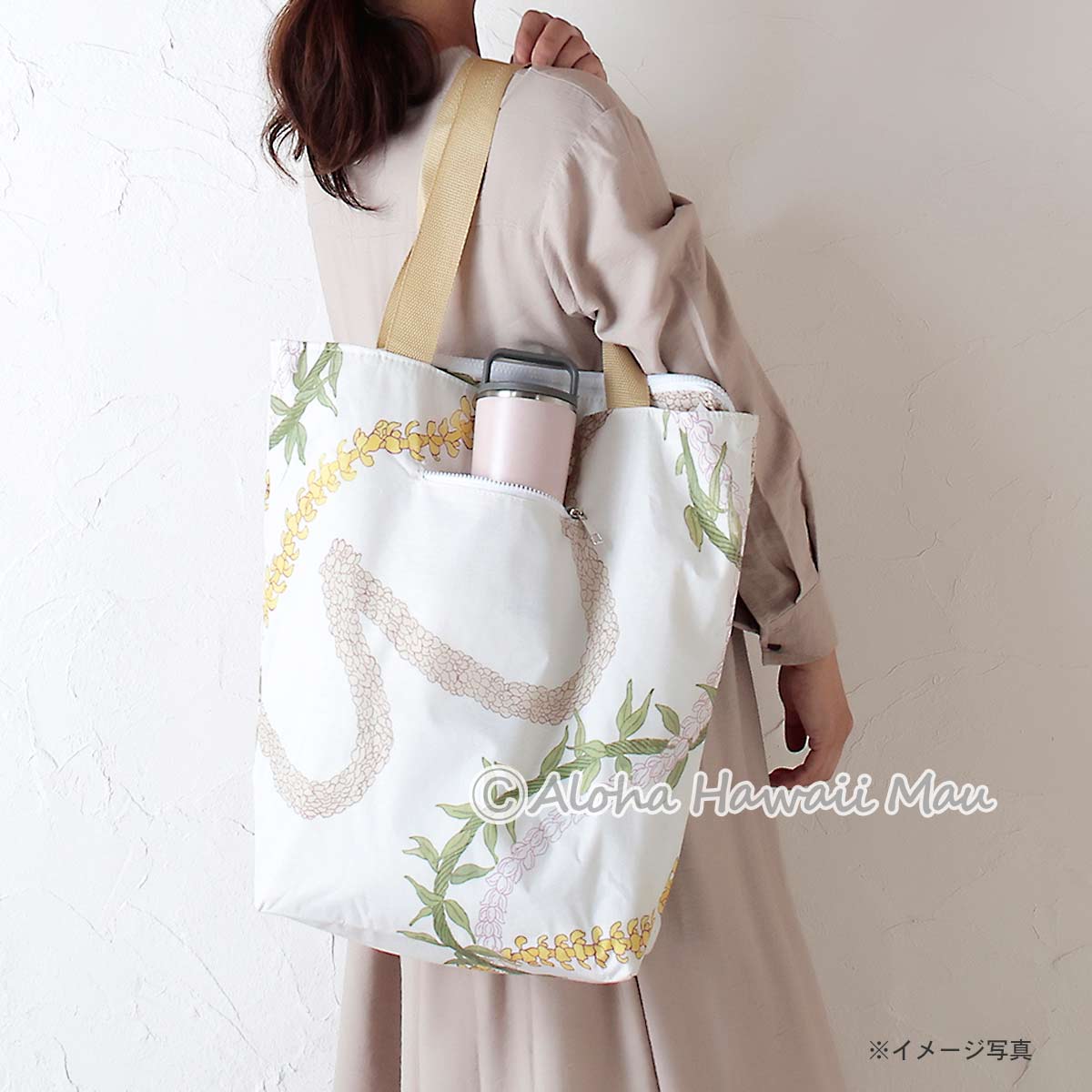ハワイアントートバッグ ファスナー式 レイ柄 ホワイト Kauhale Living