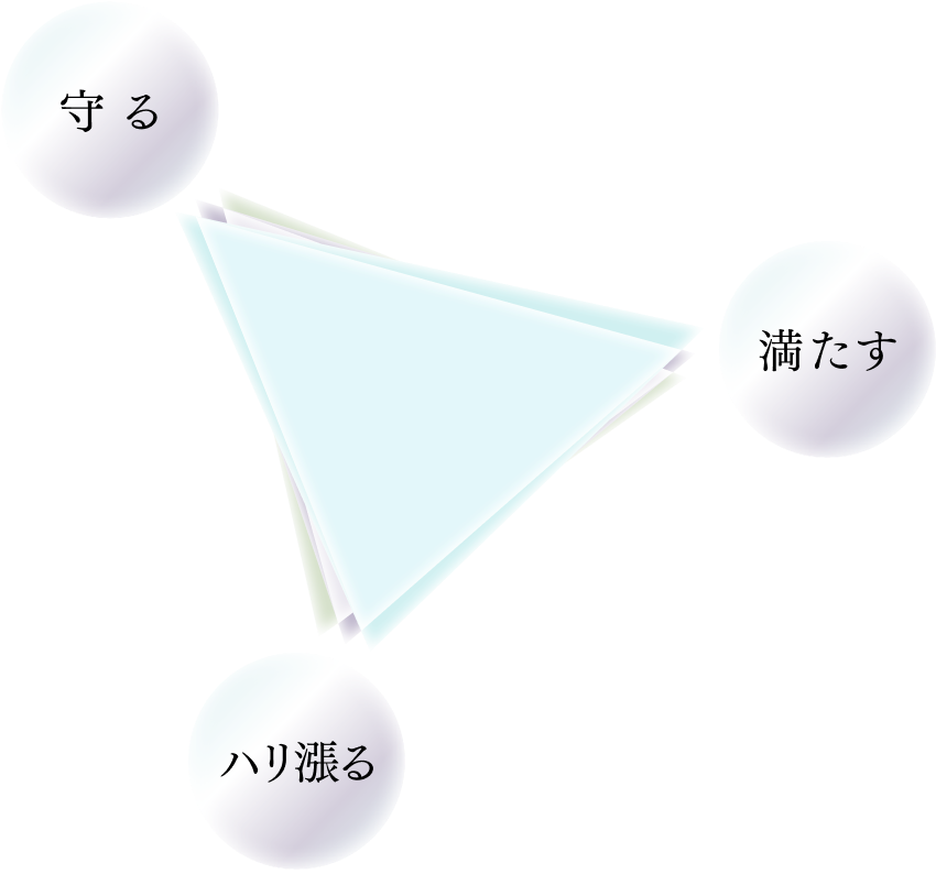 「守る」「満たす」「ハリ漲る」三位一体の商品特徴を表現したイメージ図