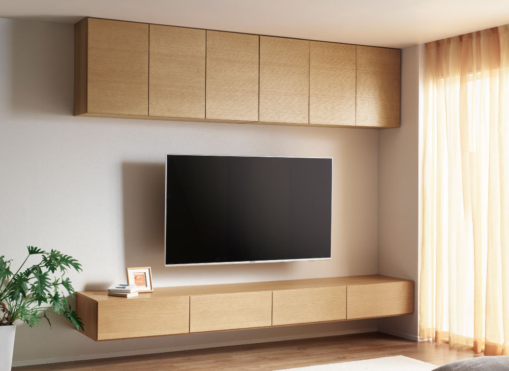天然木の突板を使用した、柔らかな雰囲気のリビングコーディネート
