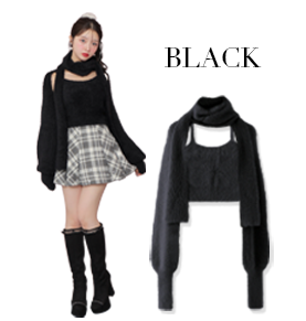 Scarf like shaggy knit tops BLACK