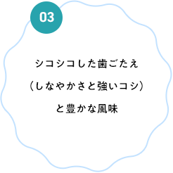 シコシコした歯ごたえ（しなやかさと強いコシ）と豊かな風味