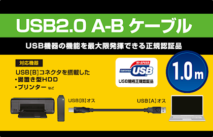 USB2.0 A-B ケーブル 1.0m