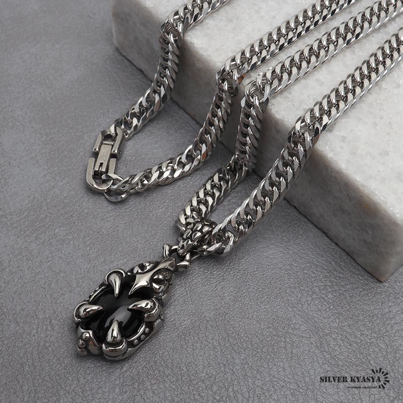 14th系 ネックレス 黒い羽根と天然石 牙 ドラゴンクロウ＆ダブル喜平ネックレス [n871-n348-6mm] | ネックレス
