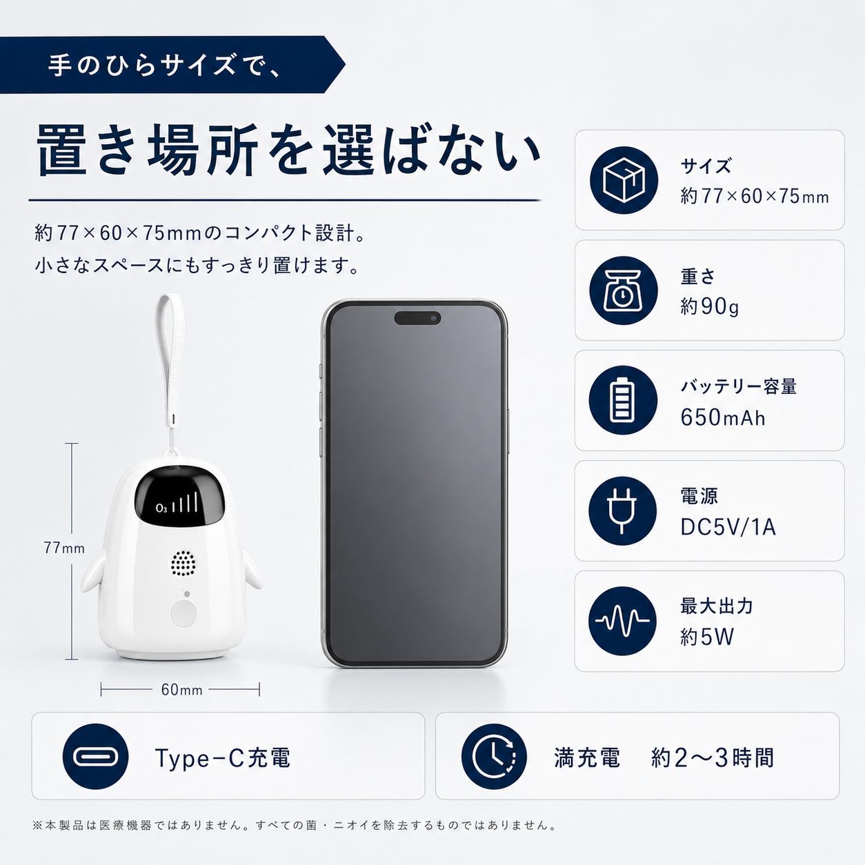 約77×60×75mm 約90gのコンパクト設計