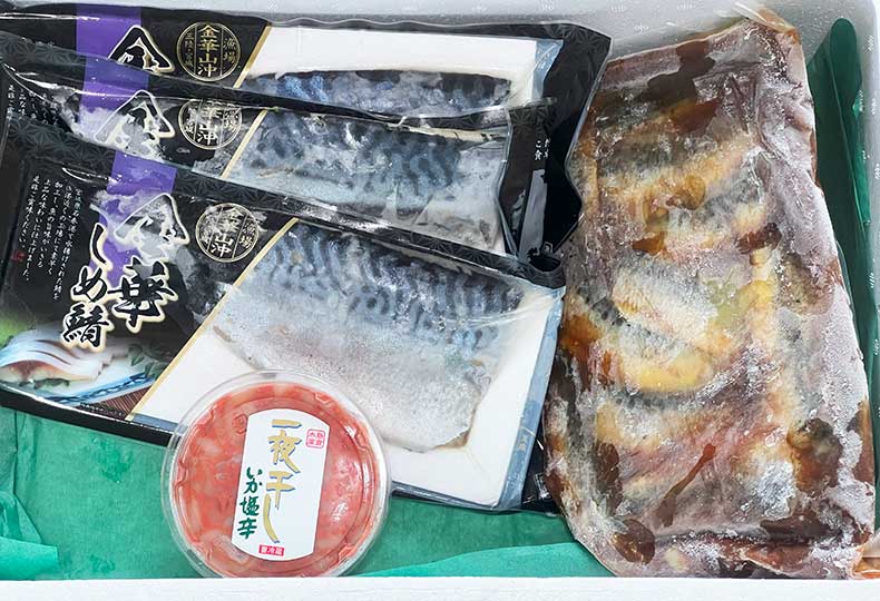 金華サバシメサバ、イカ塩辛、イワシ生姜煮セット　三陸鮮魚便,加工商品,金華しめ鯖　東北うまいもの市場