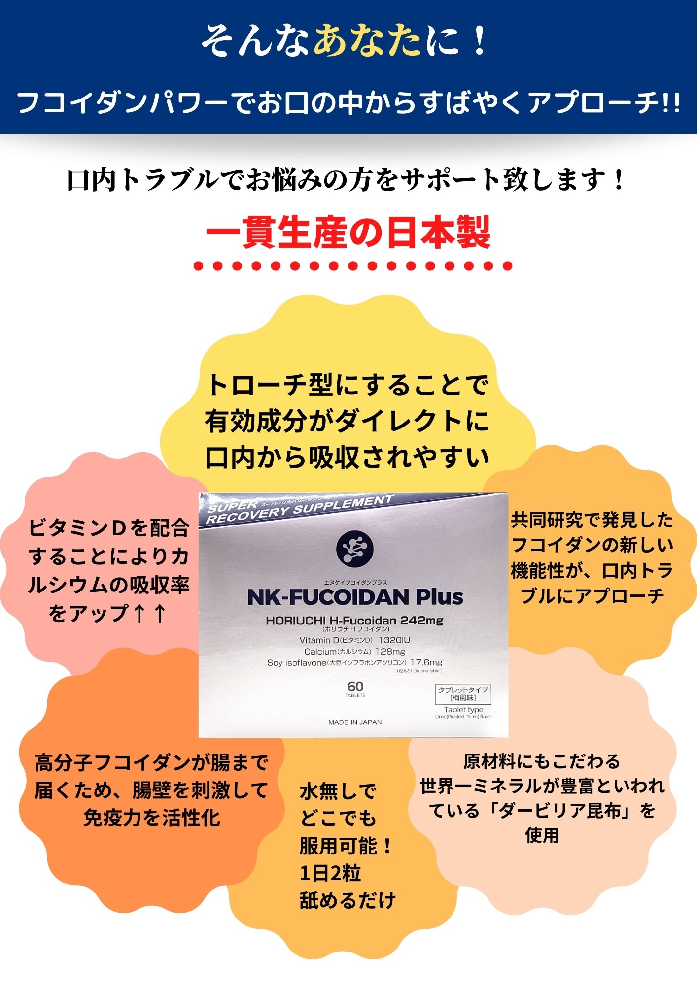 正規品 NK-FUCOIDAN Plus 12箱セット口腔内へアプローチ フコイダントローチ ホリウチフコイダン HORIUCHI H-FUCOIDAN  96% 福岡県 九州大学 福岡歯科大学との共同開発 チリ産ダービリアコンブ ビタミンD 大豆イソフラボンアグリコン 国産 日本製 fucoa.cl