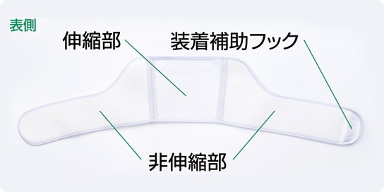 表側：伸縮部・装着補助フック・非伸縮部
