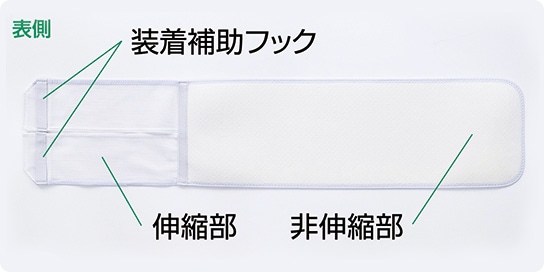 表側：装着補助フック・伸縮部・非伸縮部