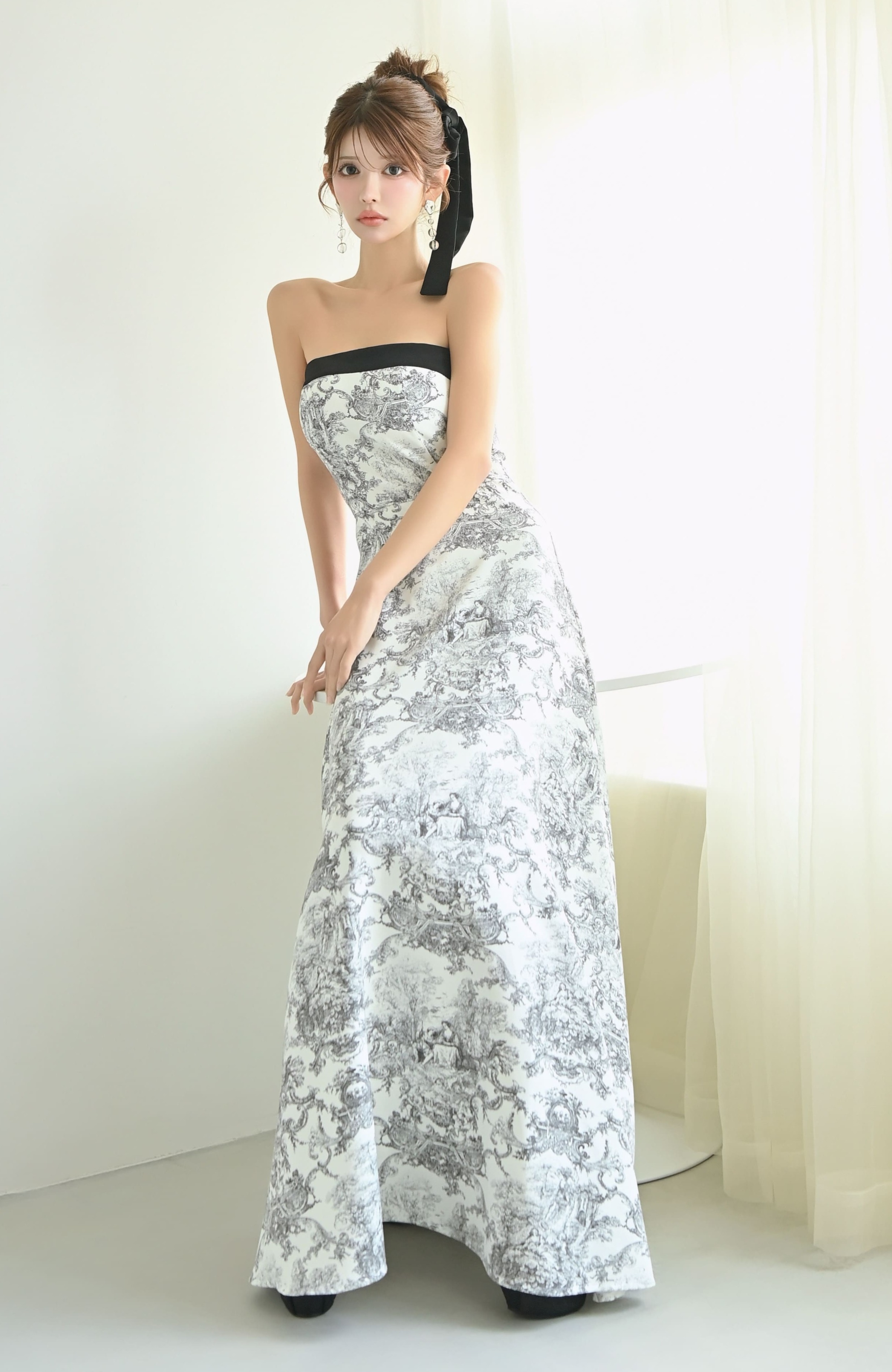 トワルドジュイ柄ロングフレアドレス