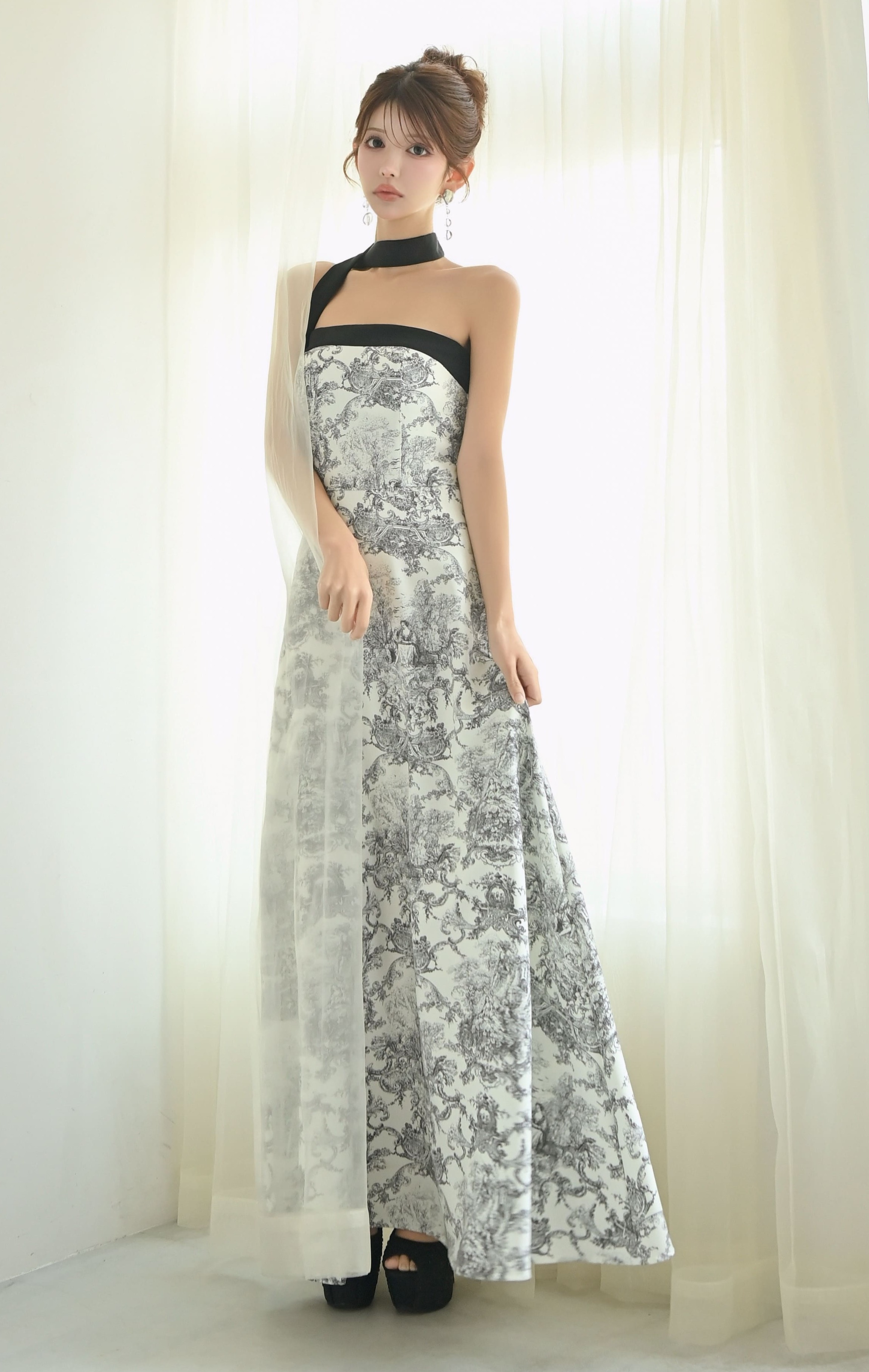 トワルドジュイ柄ロングフレアドレス