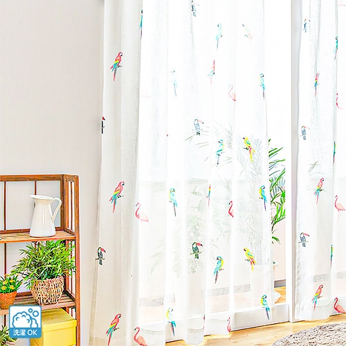 ビビットカラーな鳥モチーフのレースカーテン「パサロ」