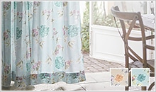 やさしいカラーリングの水彩柄プリント防炎レースカーテン「フローラ」