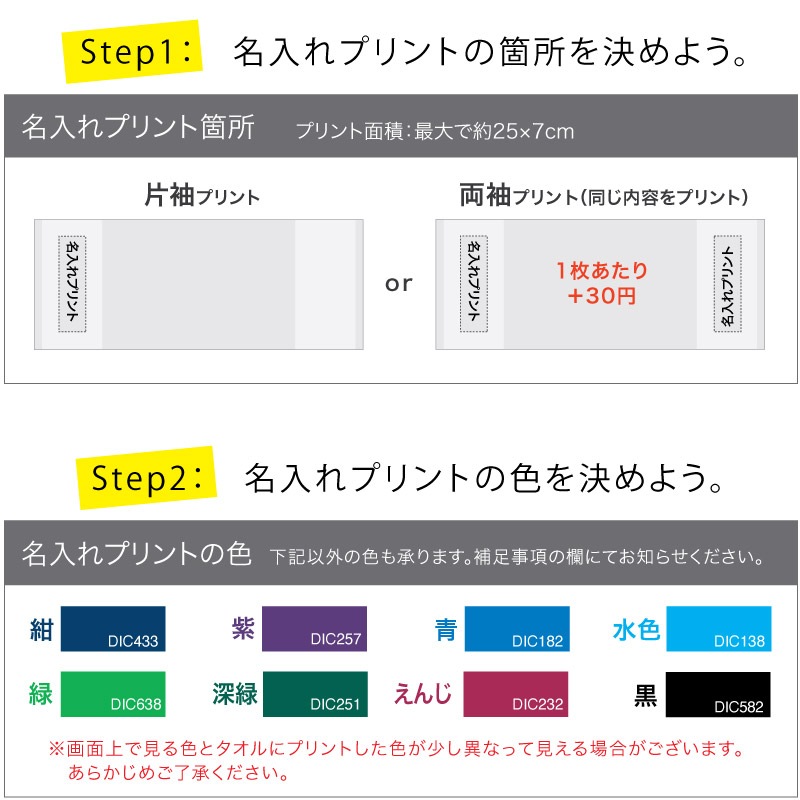 Step1：名入れプリントの箇所を決めよう。Step2：名入れプリントの色を決めよう。
