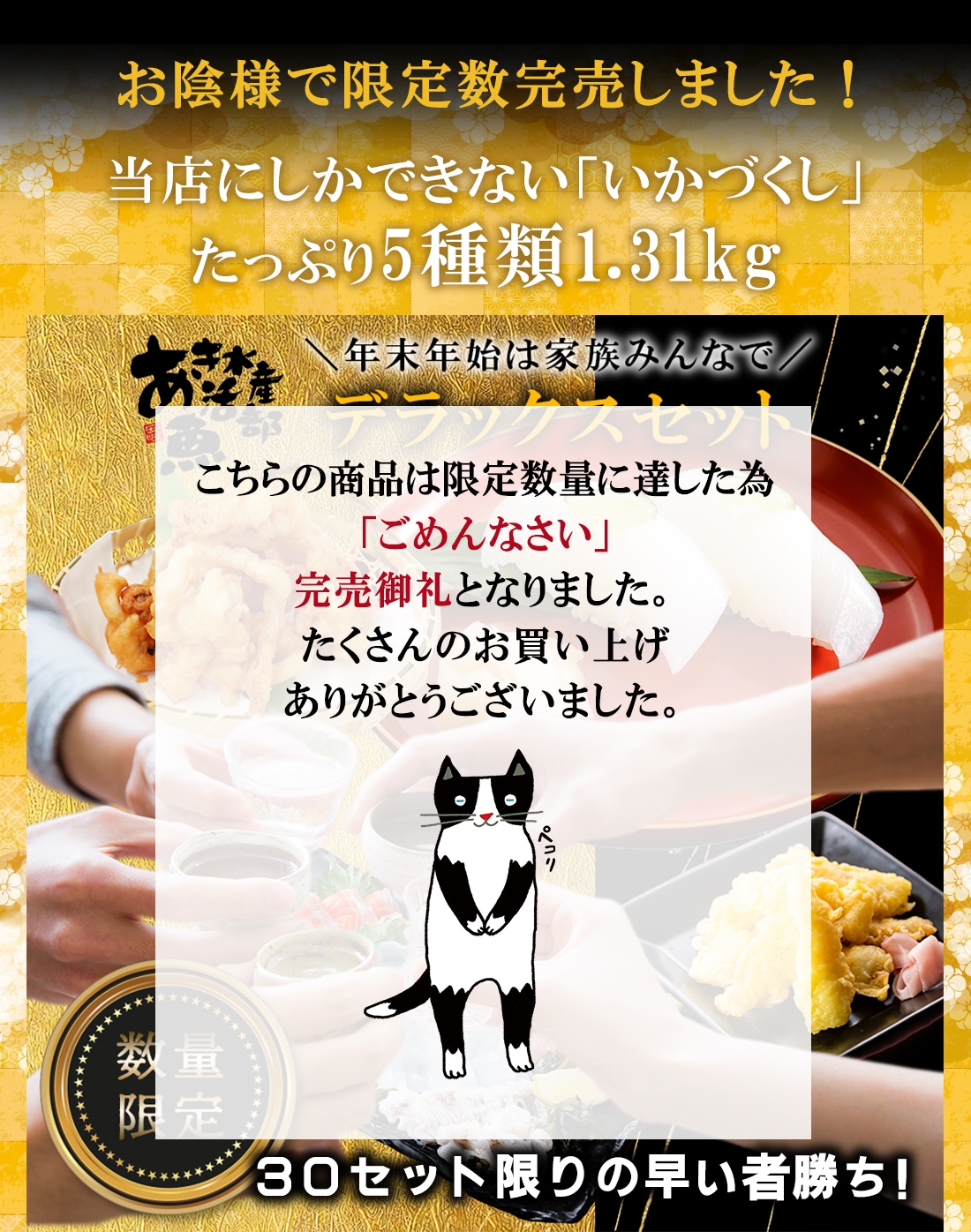 【送料無料＆限定30セット】デラックスセット（あおりいかむき身、いかそうめん、ゲソのから揚げ、あおりいか天ぷら、ひいかのお刺身）