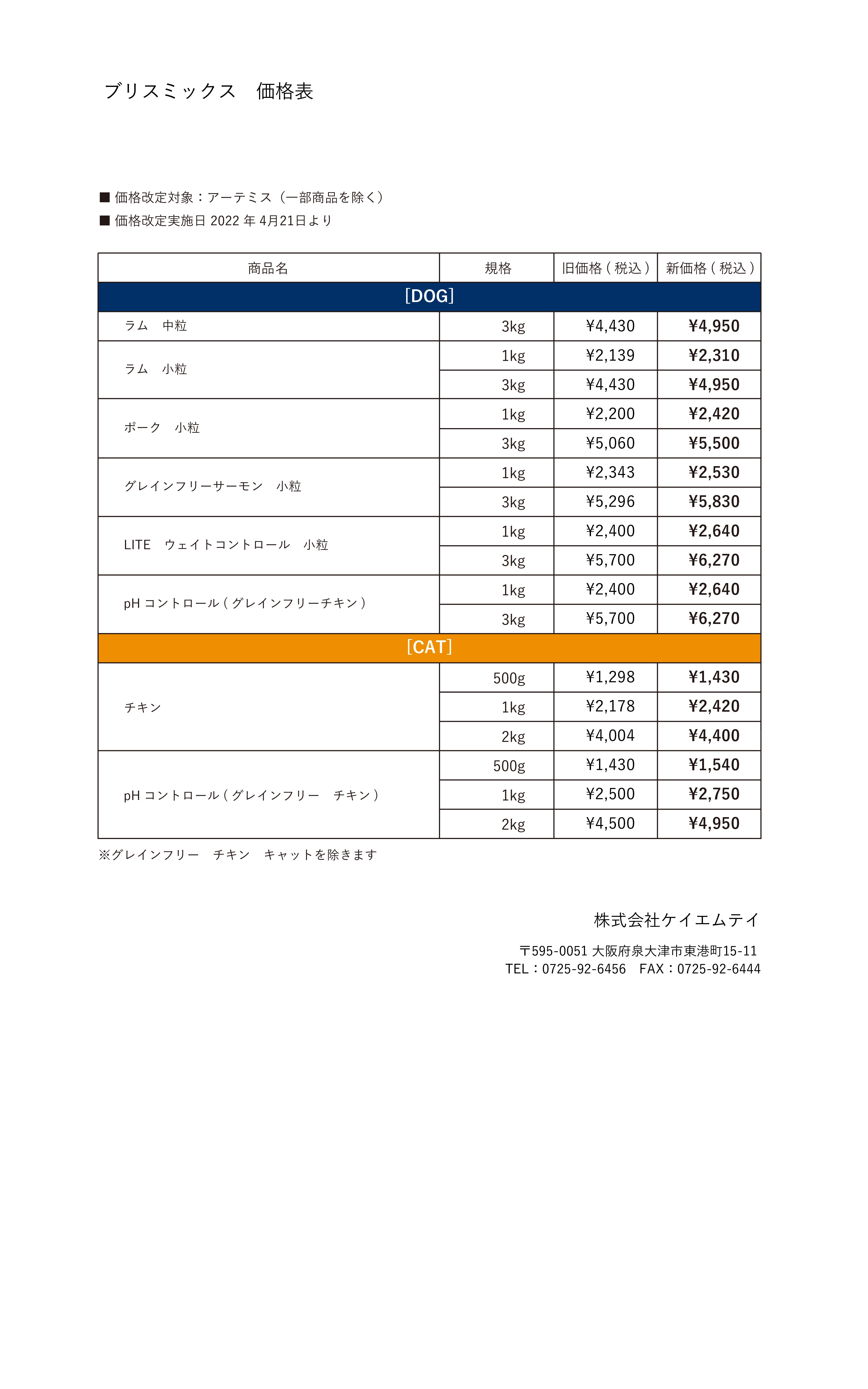 アーテミス / ブリスミックス 価格改定のお知らせ