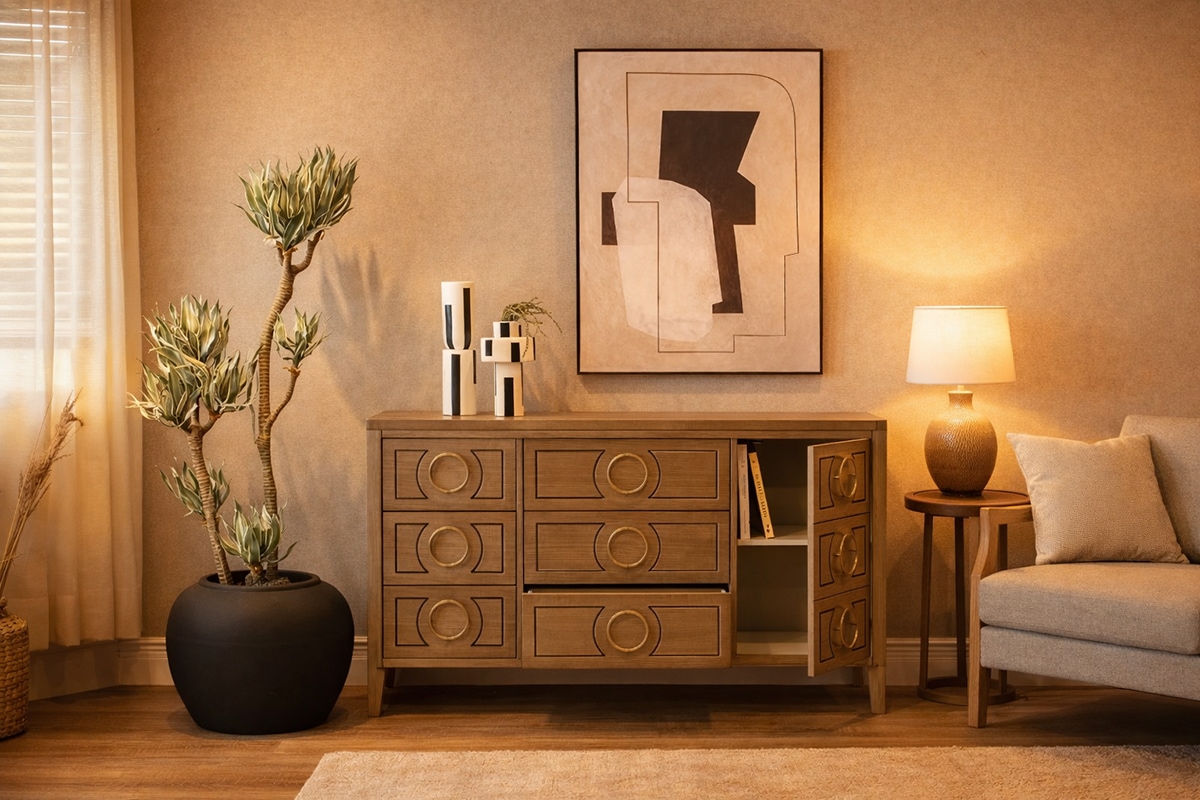 ナチュラルモダンのリビング（木目とモノトーンで整えた空間）