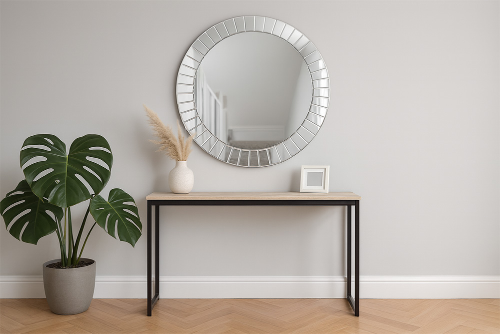 玄関に丸いミラーを飾ったモダンインテリアのイメージ