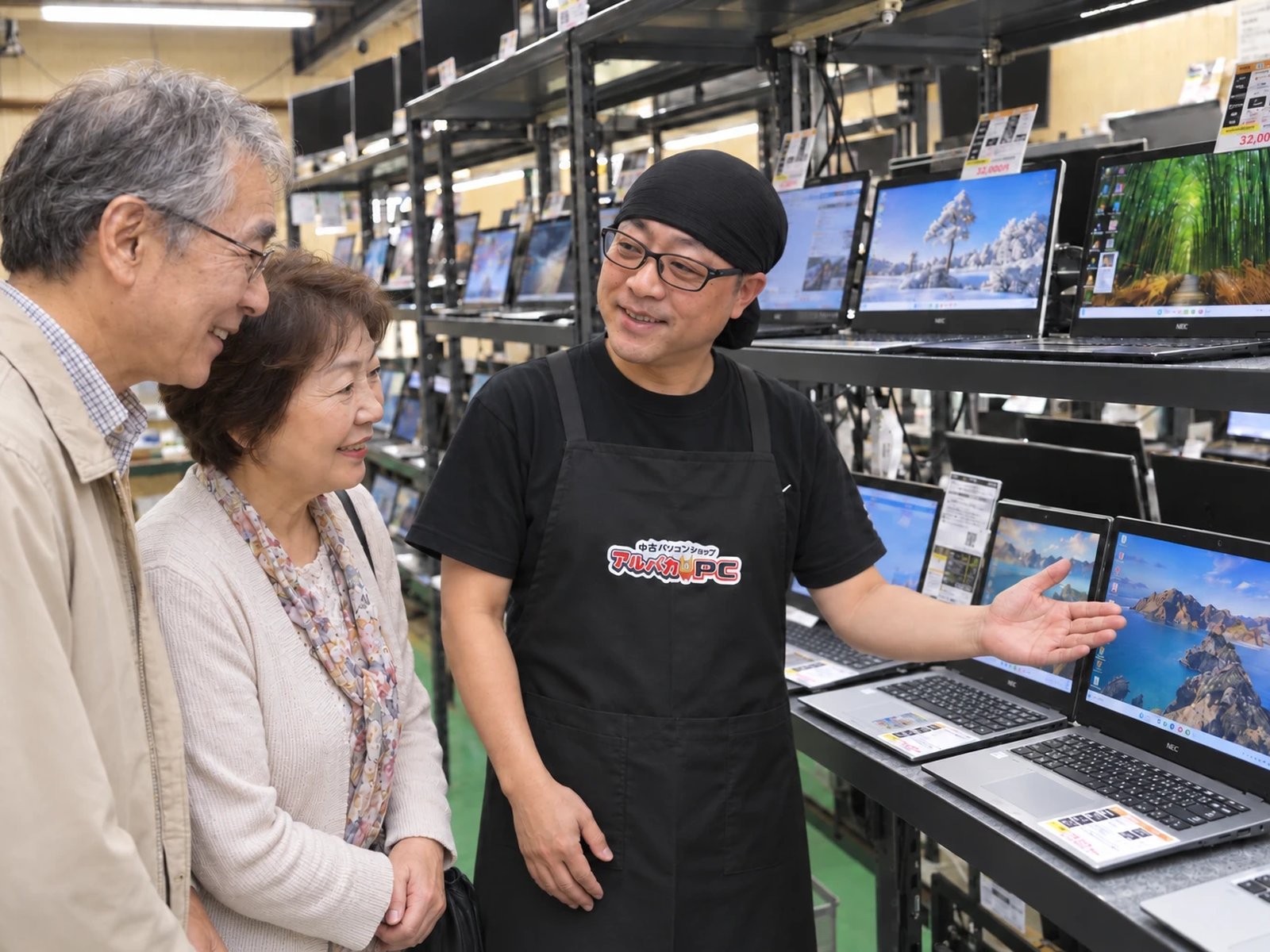 スタッフとパソコンを確認しながら相談する様子