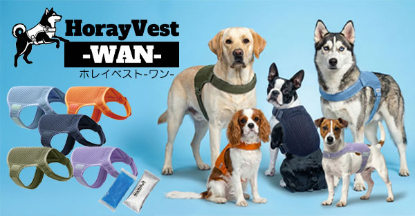 愛犬用の熱中症対策グッズに犬用保冷ベスト「ホレイベスト-ワン♪-」ボタン