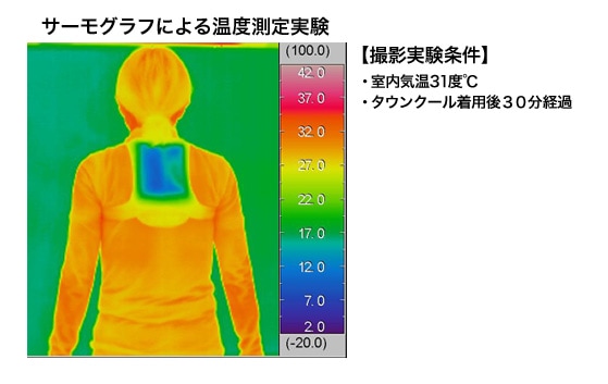 サーモグラフによる温度測定実験【撮影実験条件】・室内気温31度℃ ・タウンクール着用後３０分経過