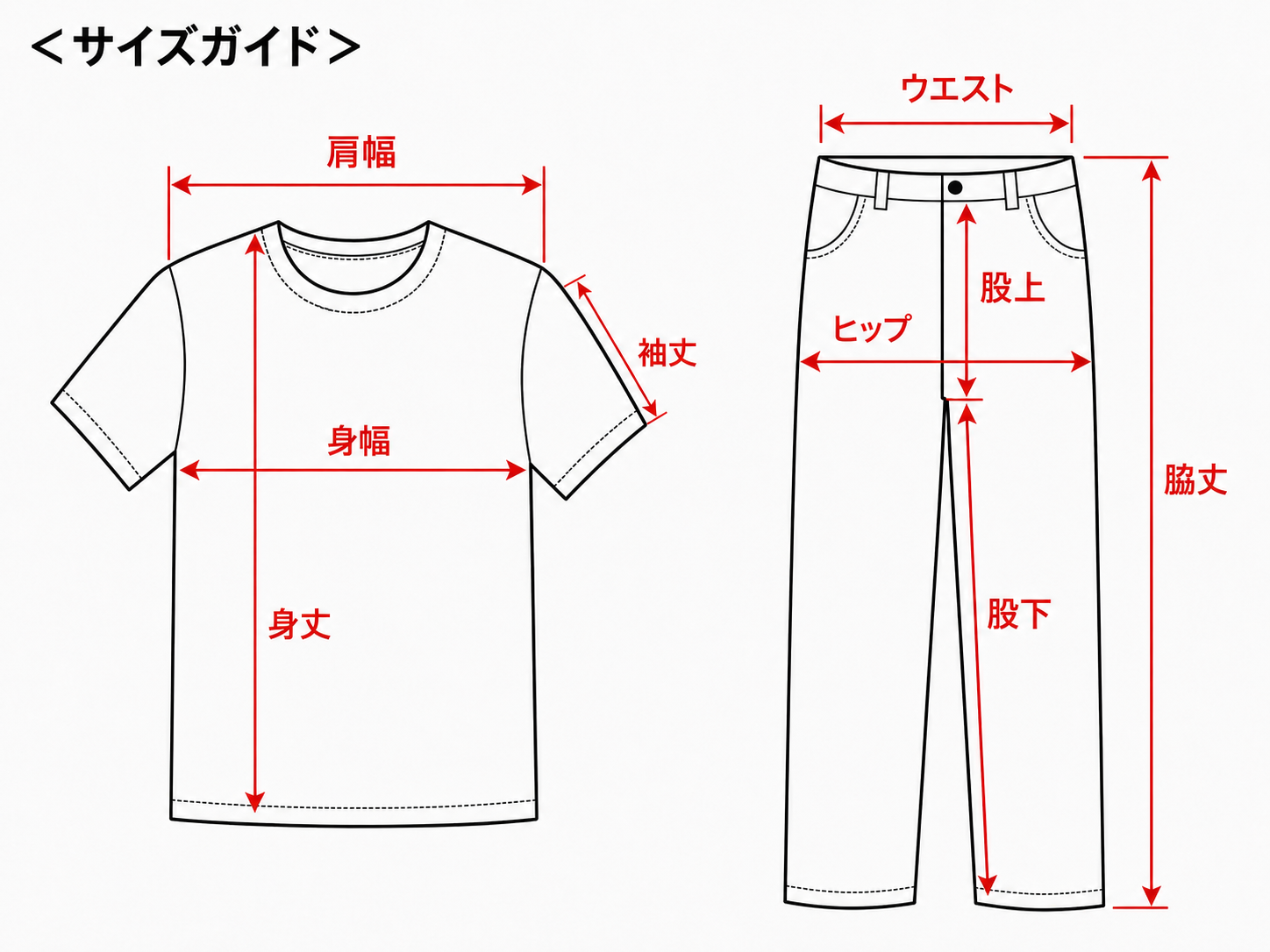 サイズガイド 身丈・身幅・肩幅・袖丈・ウエスト・ヒップ・脇丈・股上・股下