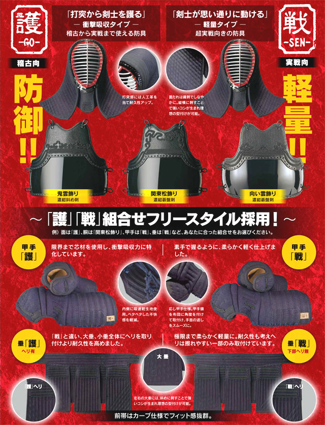 剣道具セット ブラック達磨「戦」「護」（12mm2mmトリプルステッチ