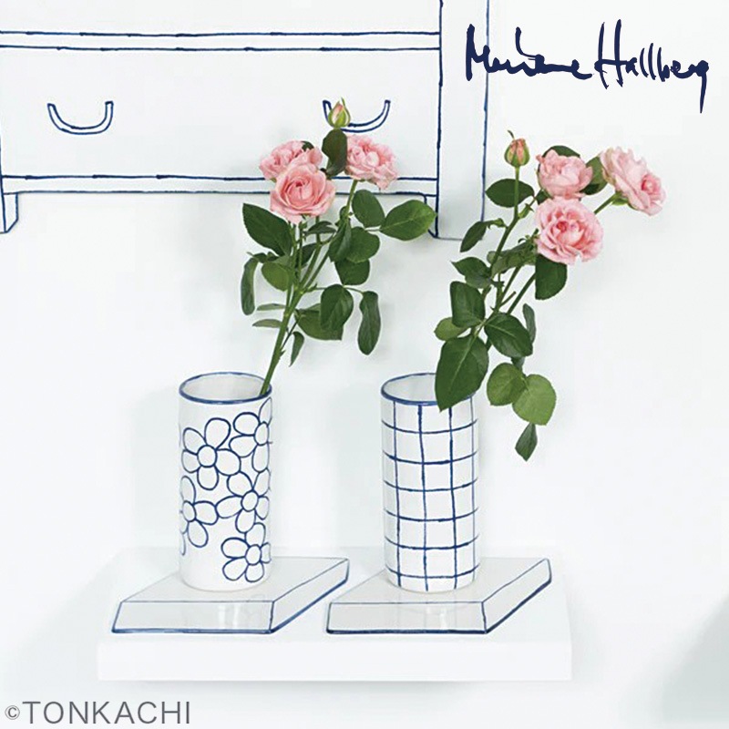 Marianne Hallberg マリアンヌハルバーグ 台にのったようなかびん チェック 花柄 FP4 FP5