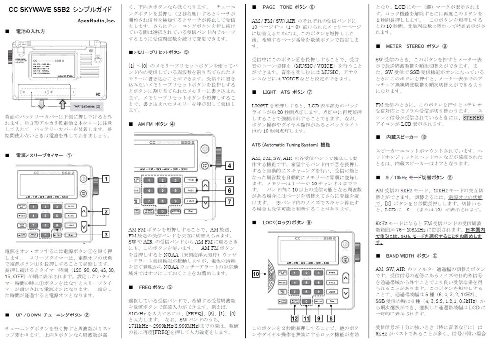 C.CRANE SKYWAVE SSB2 ポータブル受信機 BCLラジオ AM FM 短波 VHF航空無線 | アペックスラジオ ダイレクト |  4573533000138 | ApexRadio