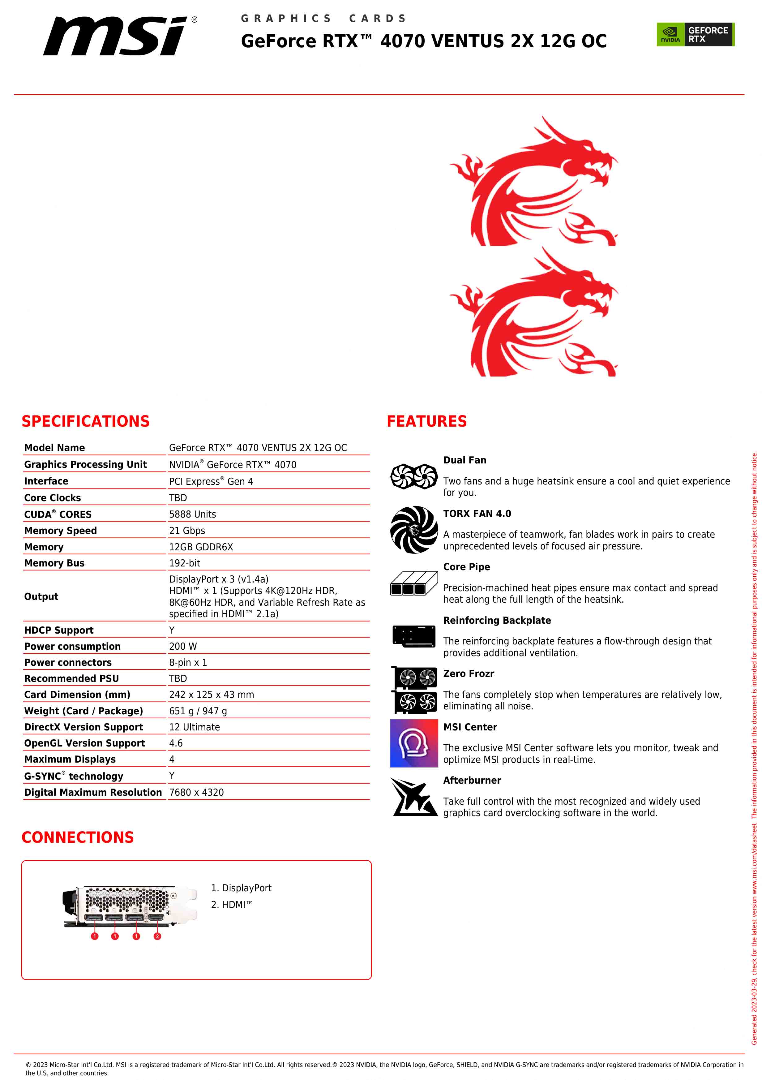 4711377087827 グラフィックボード MSI GeForce RTX 4070 VENTUS 2X