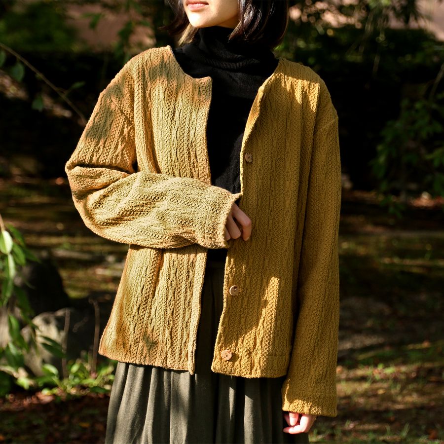 ノーカラーニットジャケット