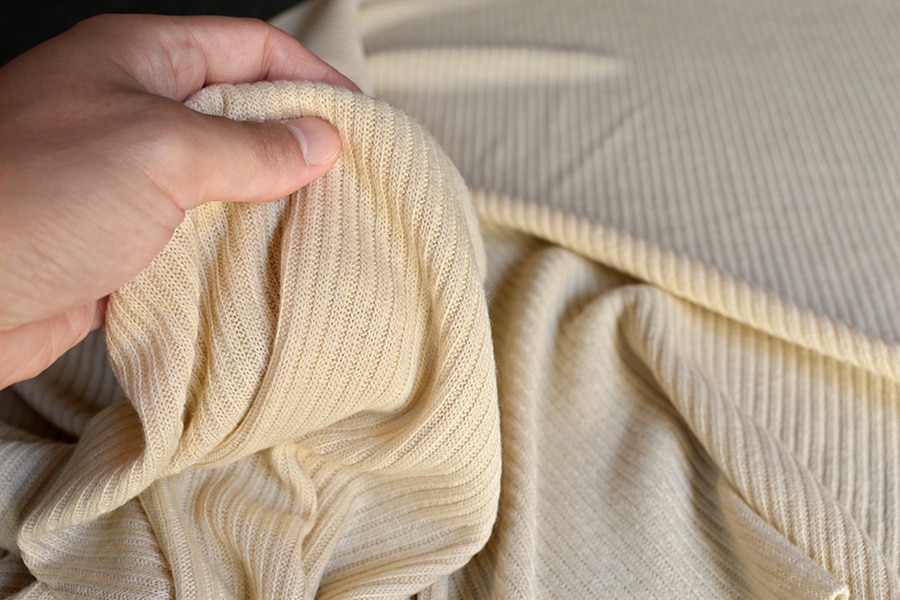 ワイド幅 ウール フレアリブニット 1/26番手