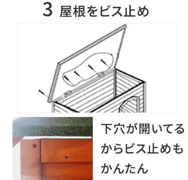 【3.屋根ををビ止め】下穴が開いてるからビス止めもかんたん