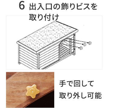 【6.出入口の飾りビスを取り付け】手で回して取り外し可能
