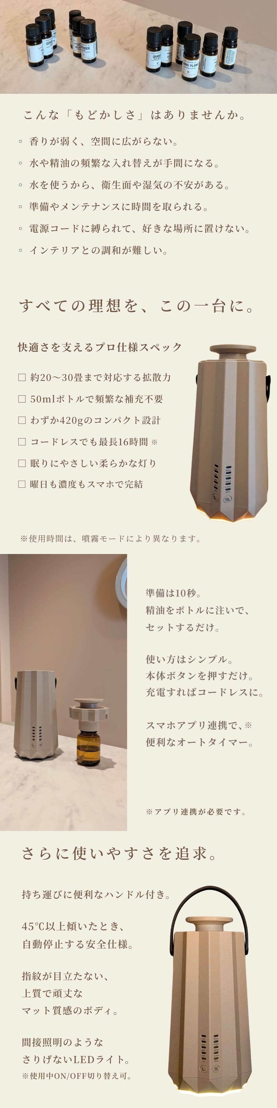 コードレスネブライザー式アロマディフューザーサンドベージュの優れたスペック