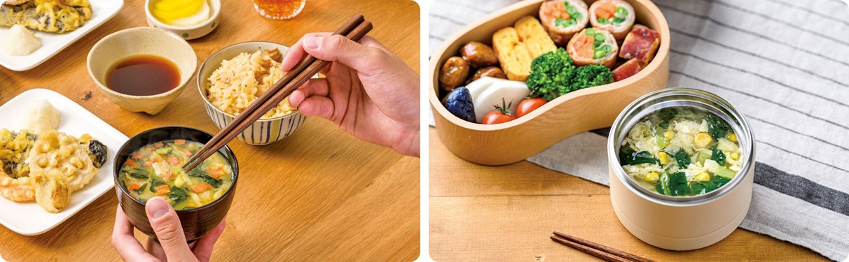 朝食の食卓と、お弁当に添えたスープ