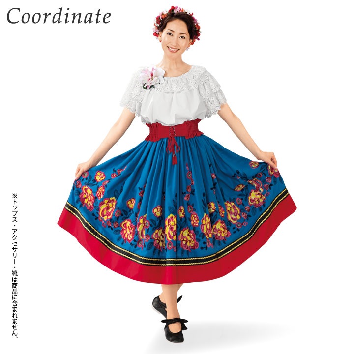 極美品　社交　フォーク　ダンススカート　(F) 花柄　ロング丈　フレア　刺繍　赤 極美品 社交 フォーク ダンススカート (F) 花柄 ロング丈 フレア 刺繍