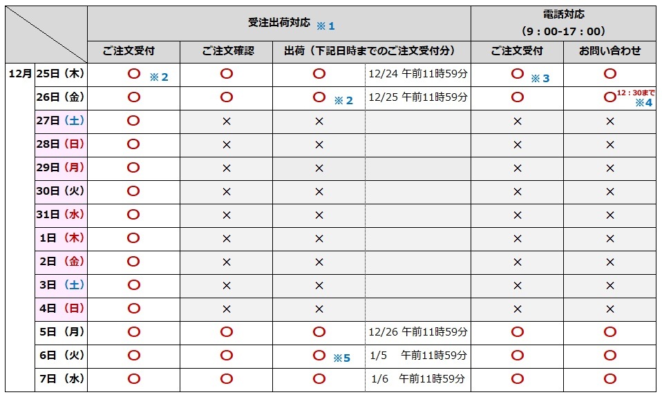 2024-25年末年始休業カレンダー