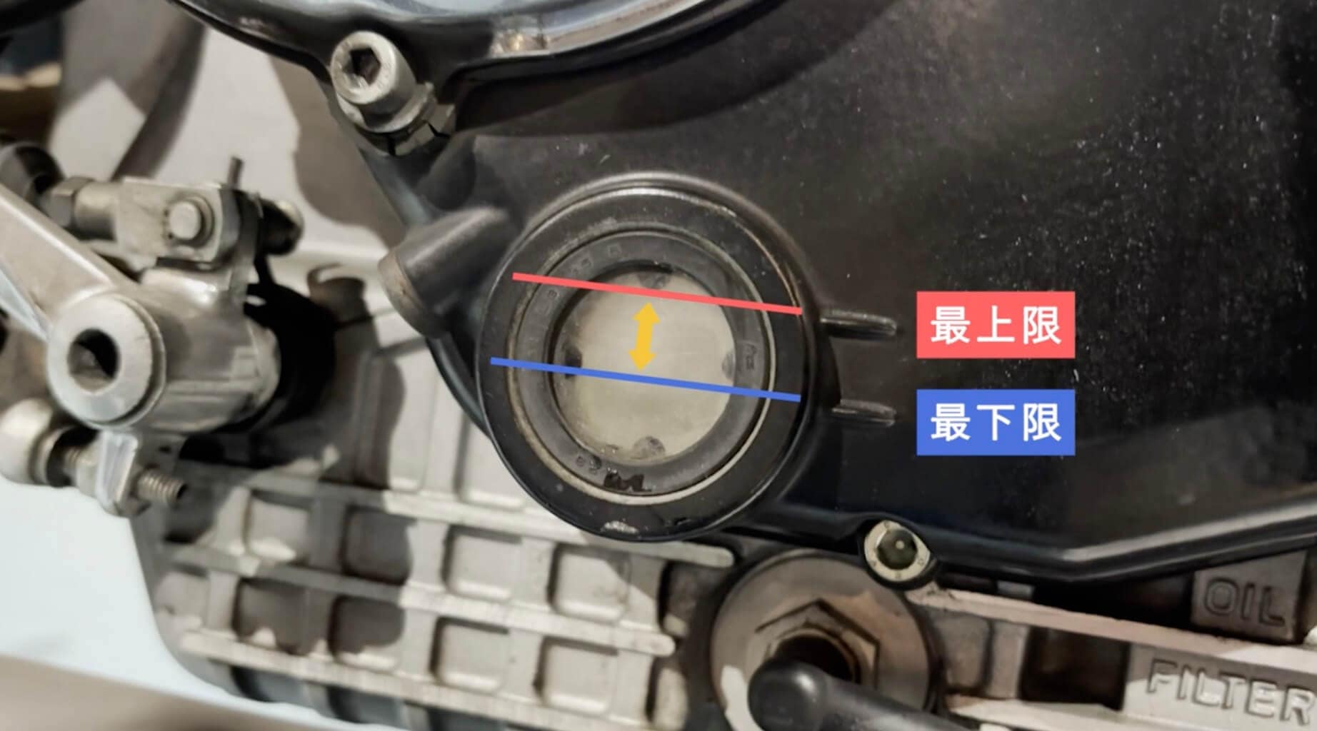 バイクのエンジンオイル量確認窓をクローズアップした写真。最上限と最下限が赤と青の線で示されている