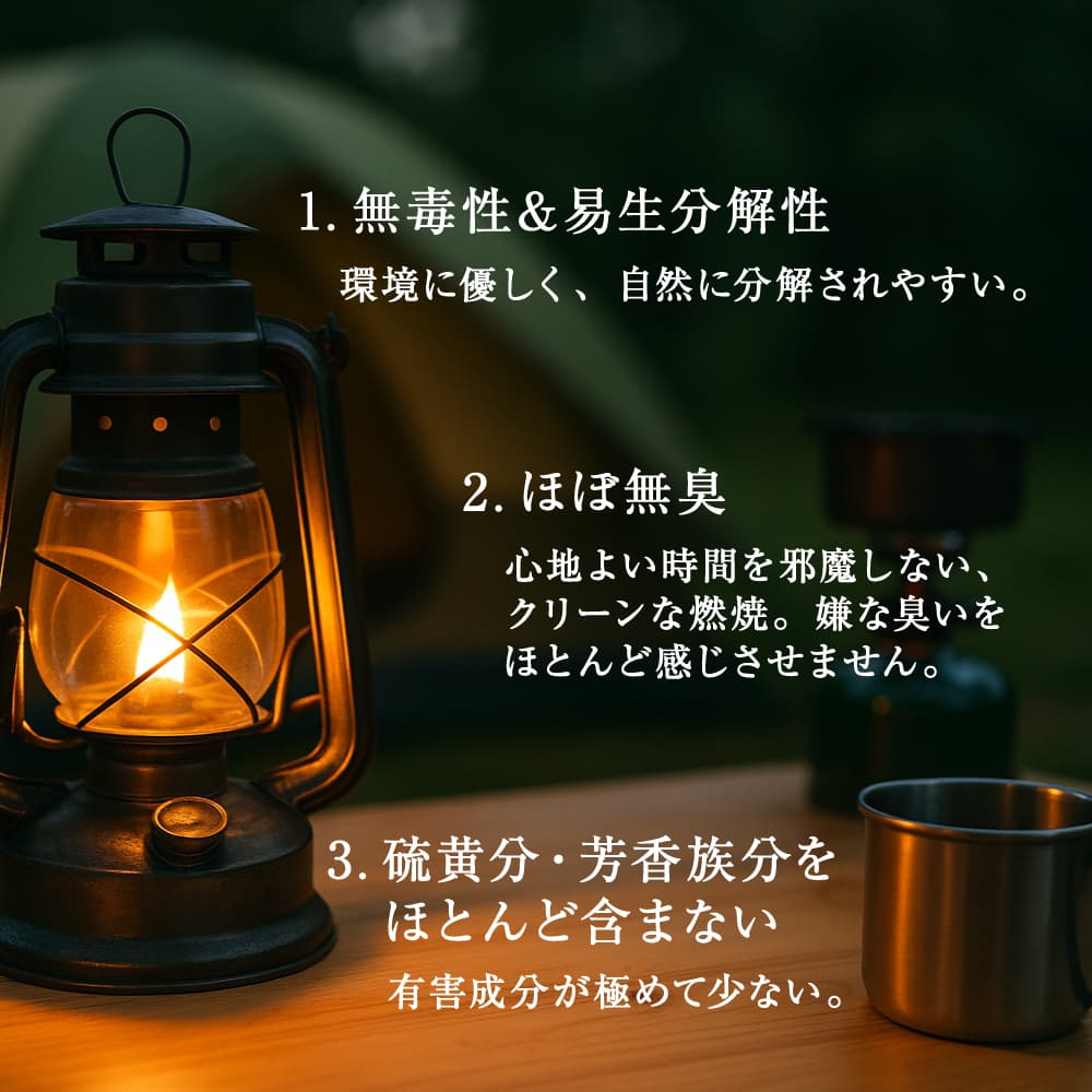 グッドポイント:無毒性&易生分解性。ほぼ無臭。硫黄分・芳香族分をほとんど含まない。